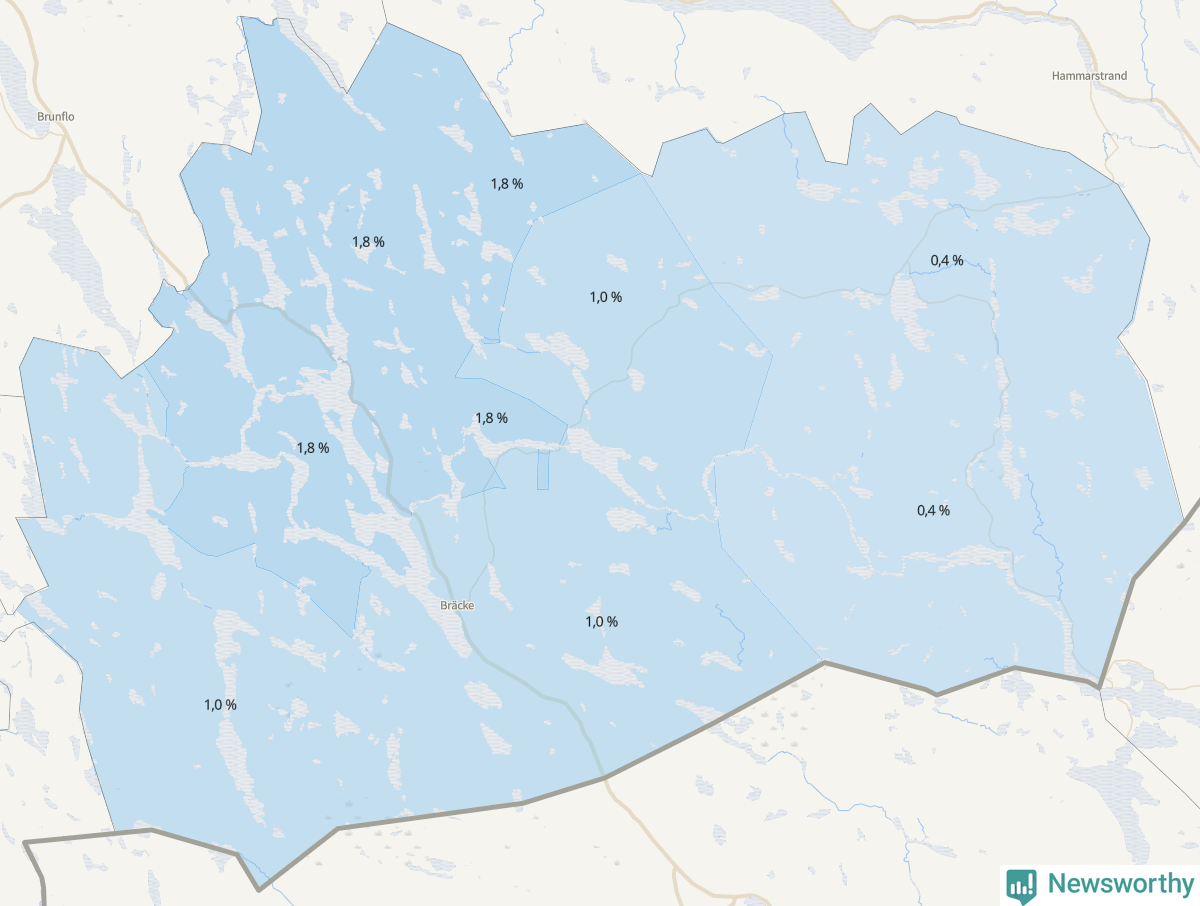Koroplet-karta över partiets stöd i kommunens valdistrikt. Se tabell.