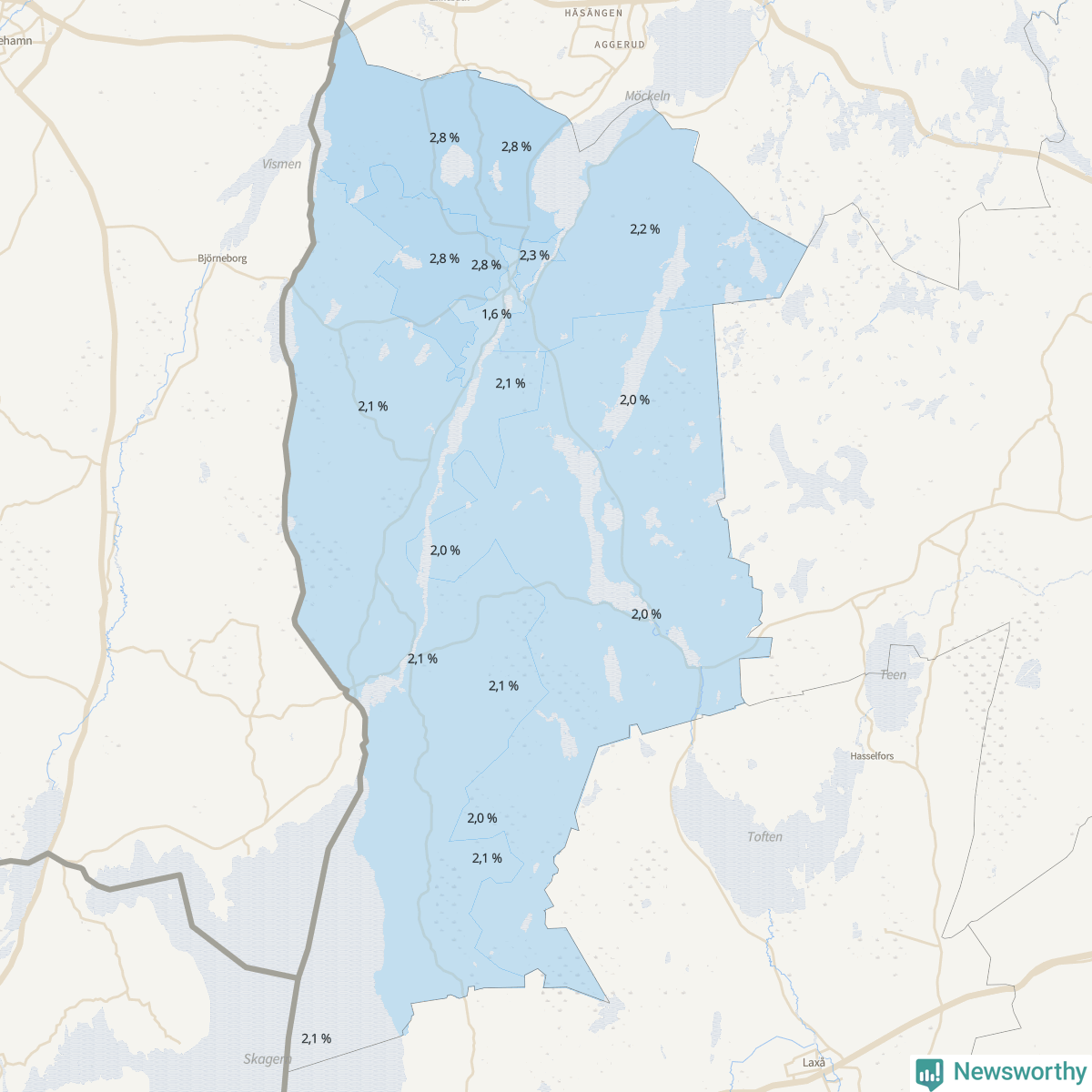 Koroplet-karta över partiets stöd i kommunens valdistrikt. Se tabell.