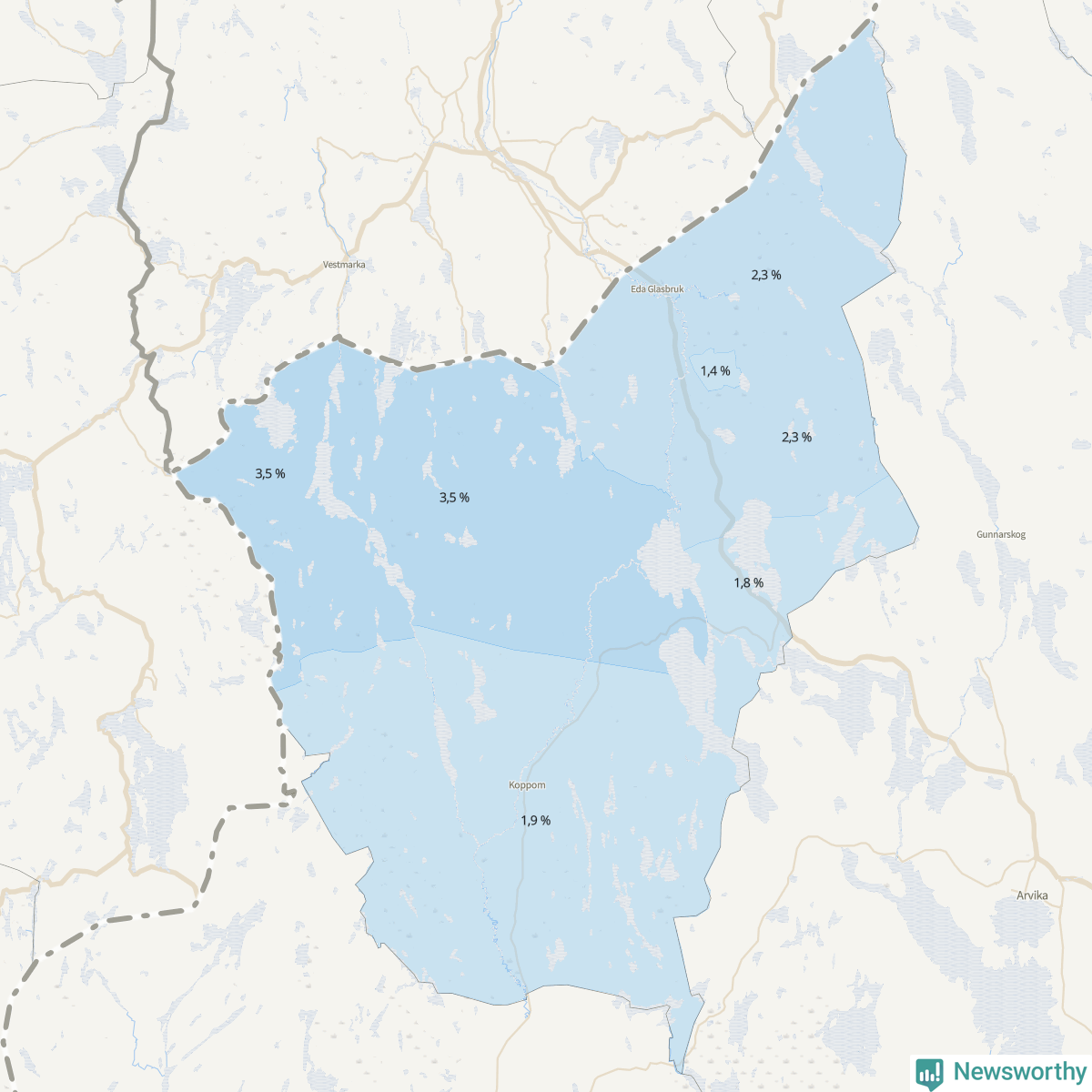 Koroplet-karta över partiets stöd i kommunens valdistrikt. Se tabell.