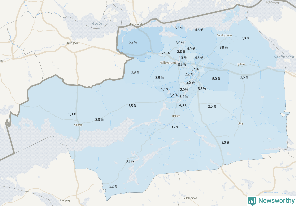 Koroplet-karta över partiets stöd i kommunens valdistrikt. Se tabell.