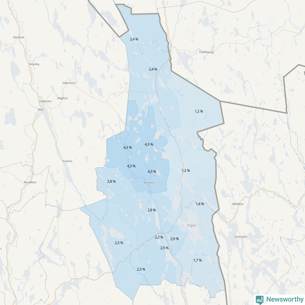 Koroplet-karta över partiets stöd i kommunens valdistrikt. Se tabell.