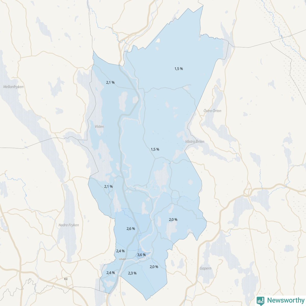 Koroplet-karta över partiets stöd i kommunens valdistrikt. Se tabell.