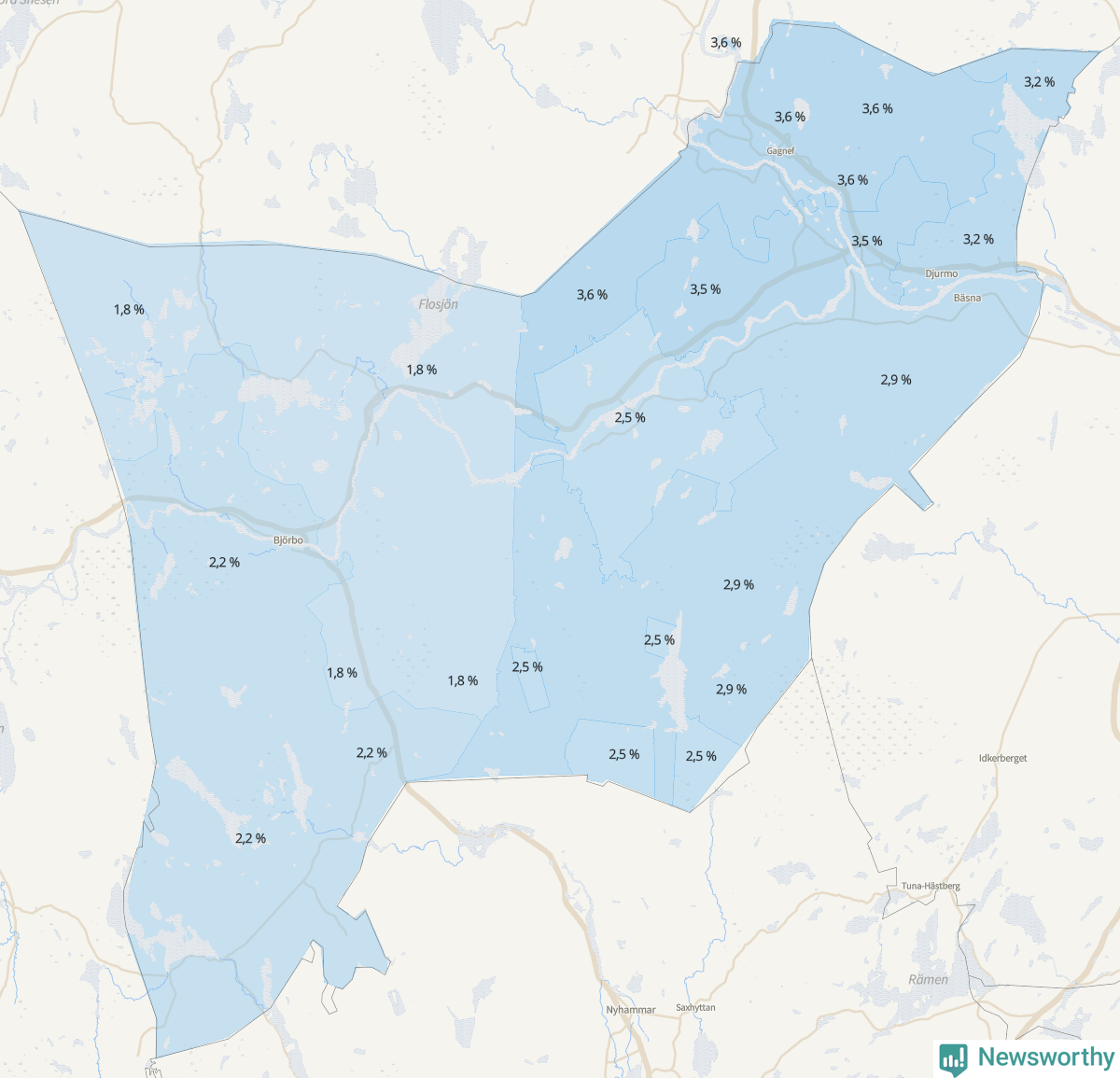 Koroplet-karta över partiets stöd i kommunens valdistrikt. Se tabell.