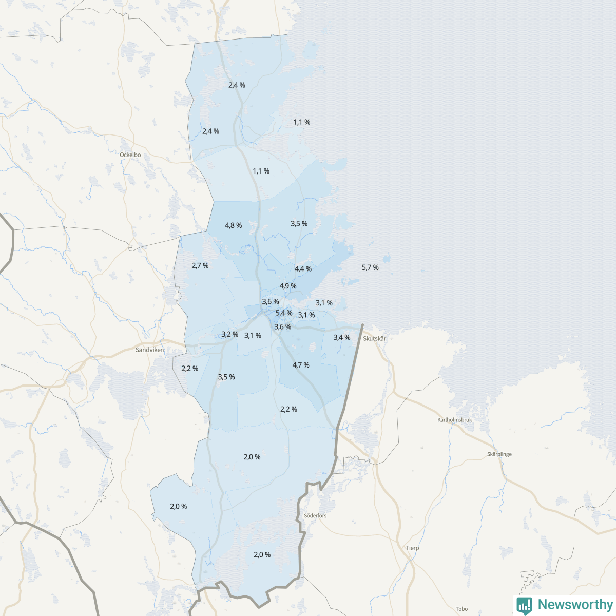 Koroplet-karta över partiets stöd i kommunens valdistrikt. Se tabell.