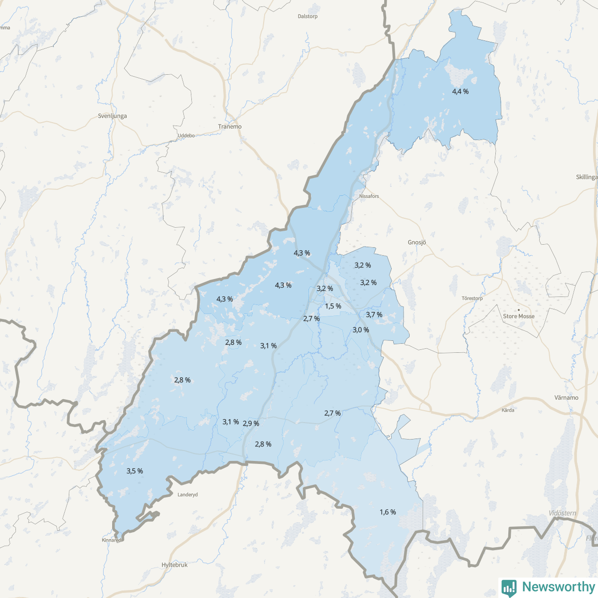 Koroplet-karta över partiets stöd i kommunens valdistrikt. Se tabell.