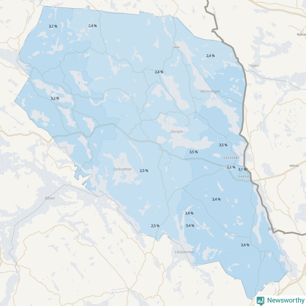 Koroplet-karta över partiets stöd i kommunens valdistrikt. Se tabell.