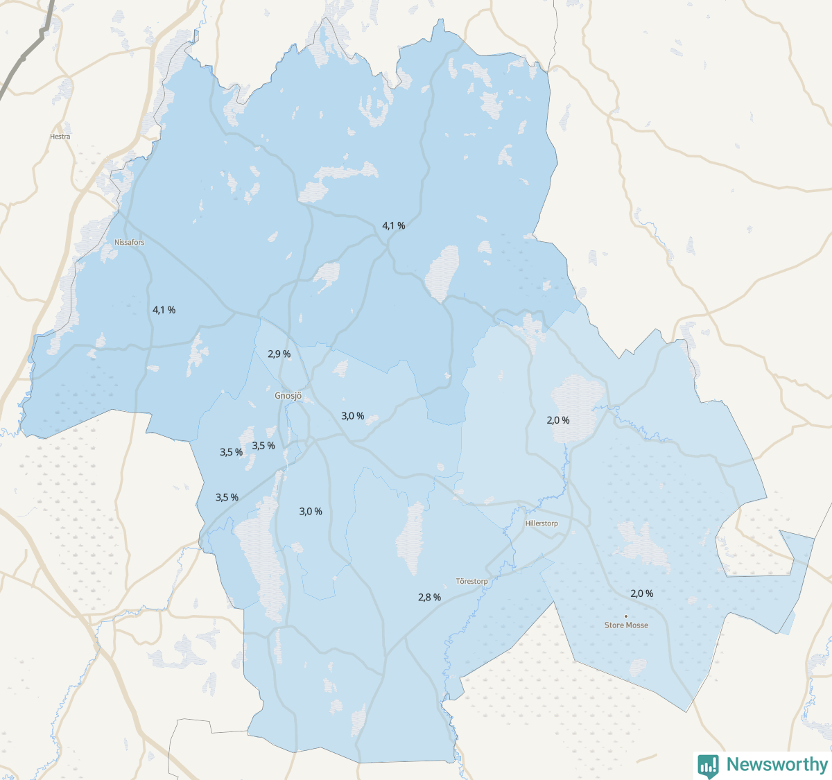 Koroplet-karta över partiets stöd i kommunens valdistrikt. Se tabell.