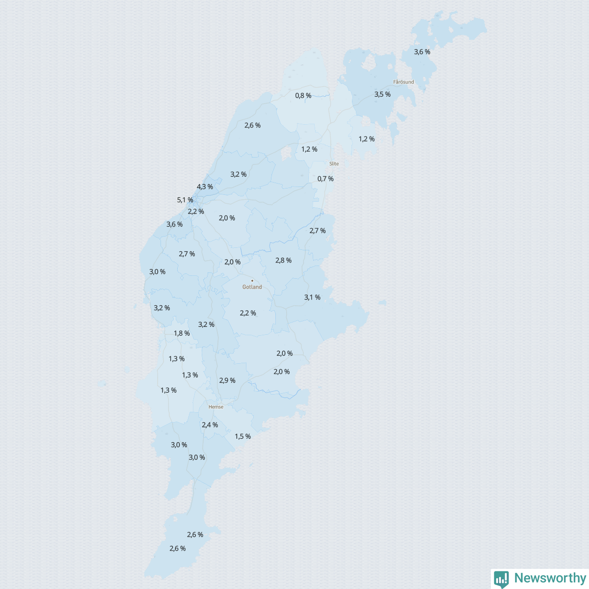 Koroplet-karta över partiets stöd i kommunens valdistrikt. Se tabell.