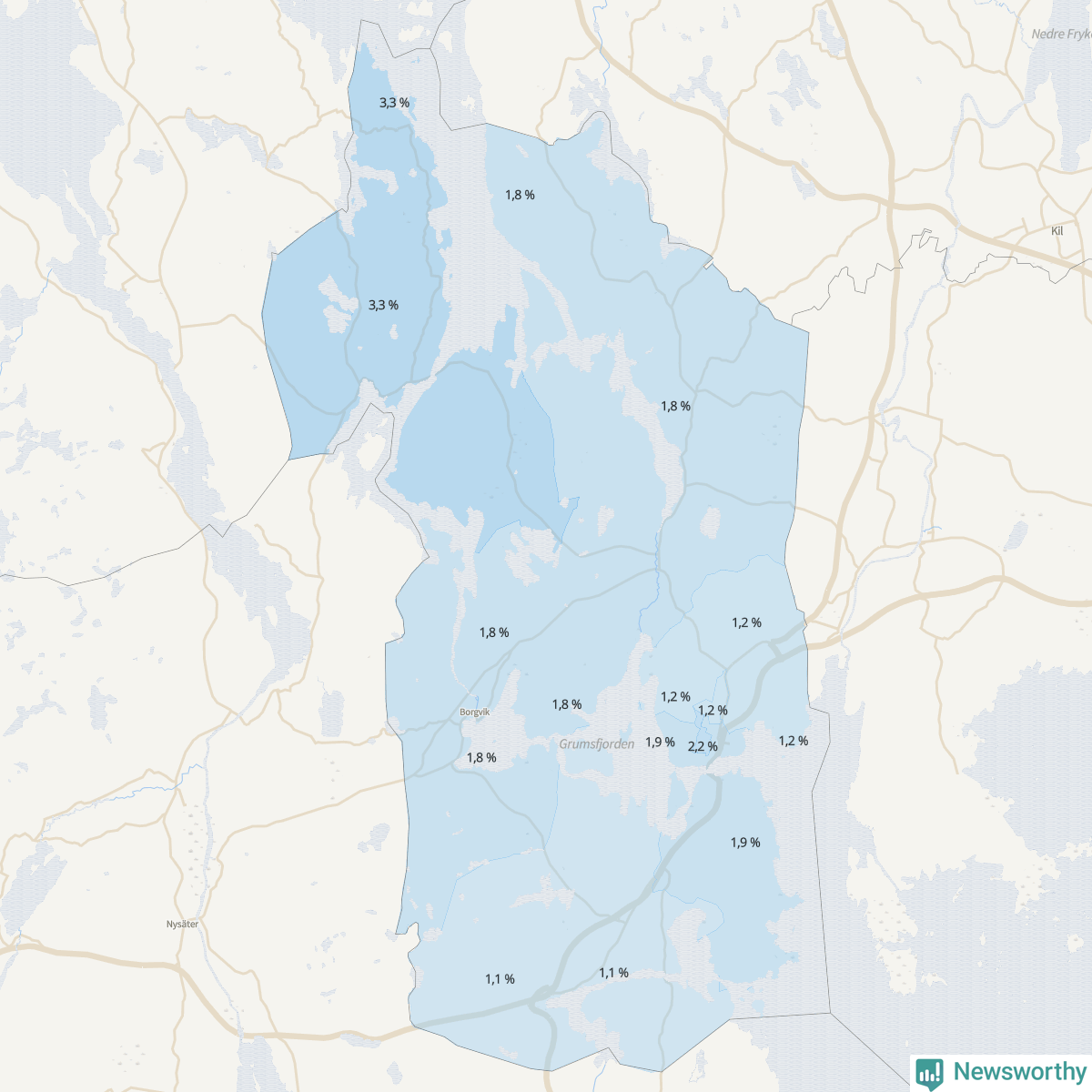 Koroplet-karta över partiets stöd i kommunens valdistrikt. Se tabell.