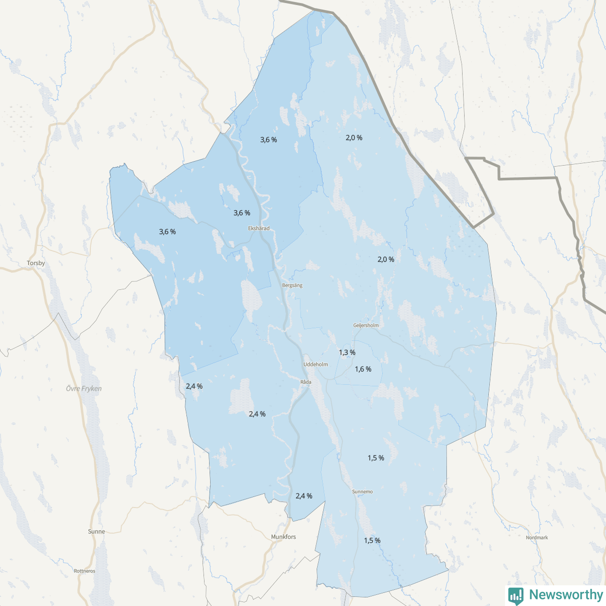 Koroplet-karta över partiets stöd i kommunens valdistrikt. Se tabell.