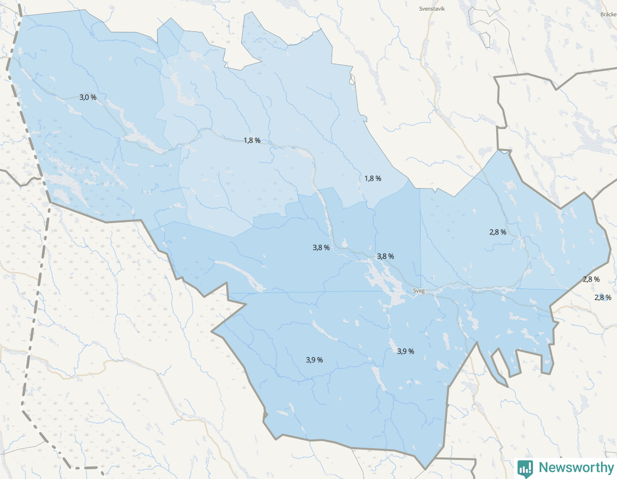 Koroplet-karta över partiets stöd i kommunens valdistrikt. Se tabell.