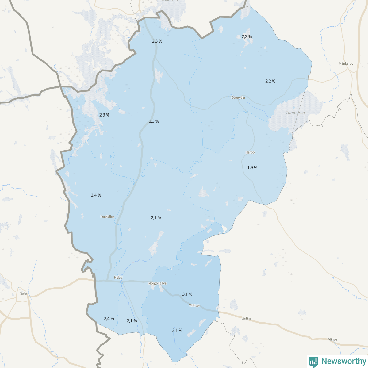 Koroplet-karta över partiets stöd i kommunens valdistrikt. Se tabell.