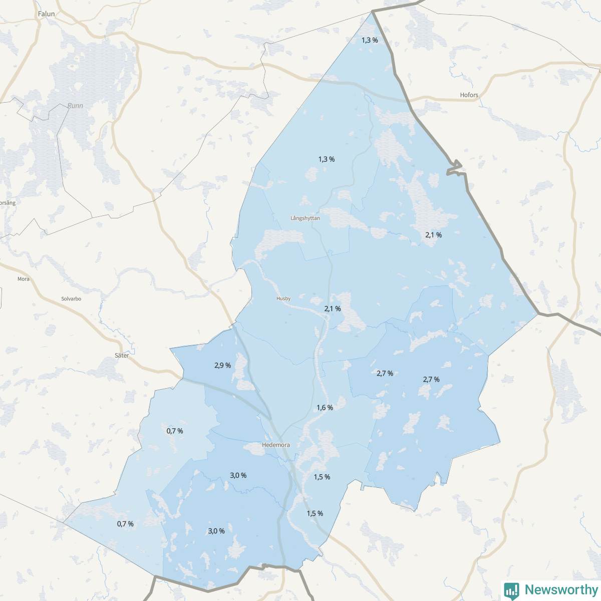 Koroplet-karta över partiets stöd i kommunens valdistrikt. Se tabell.