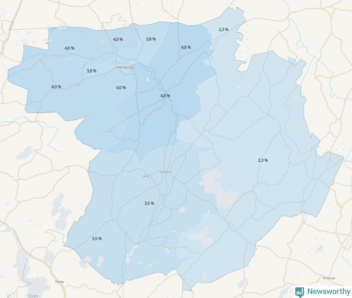 Koroplet-karta över partiets stöd i kommunens valdistrikt. Se tabell.