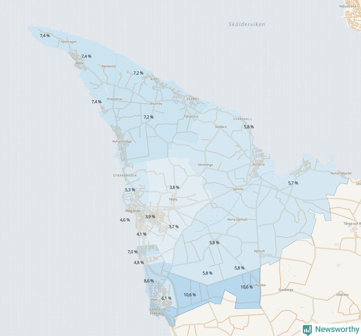 Koroplet-karta över partiets stöd i kommunens valdistrikt. Se tabell.