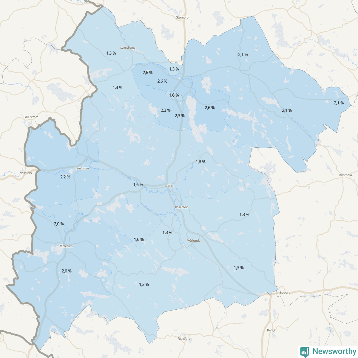 Koroplet-karta över partiets stöd i kommunens valdistrikt. Se tabell.