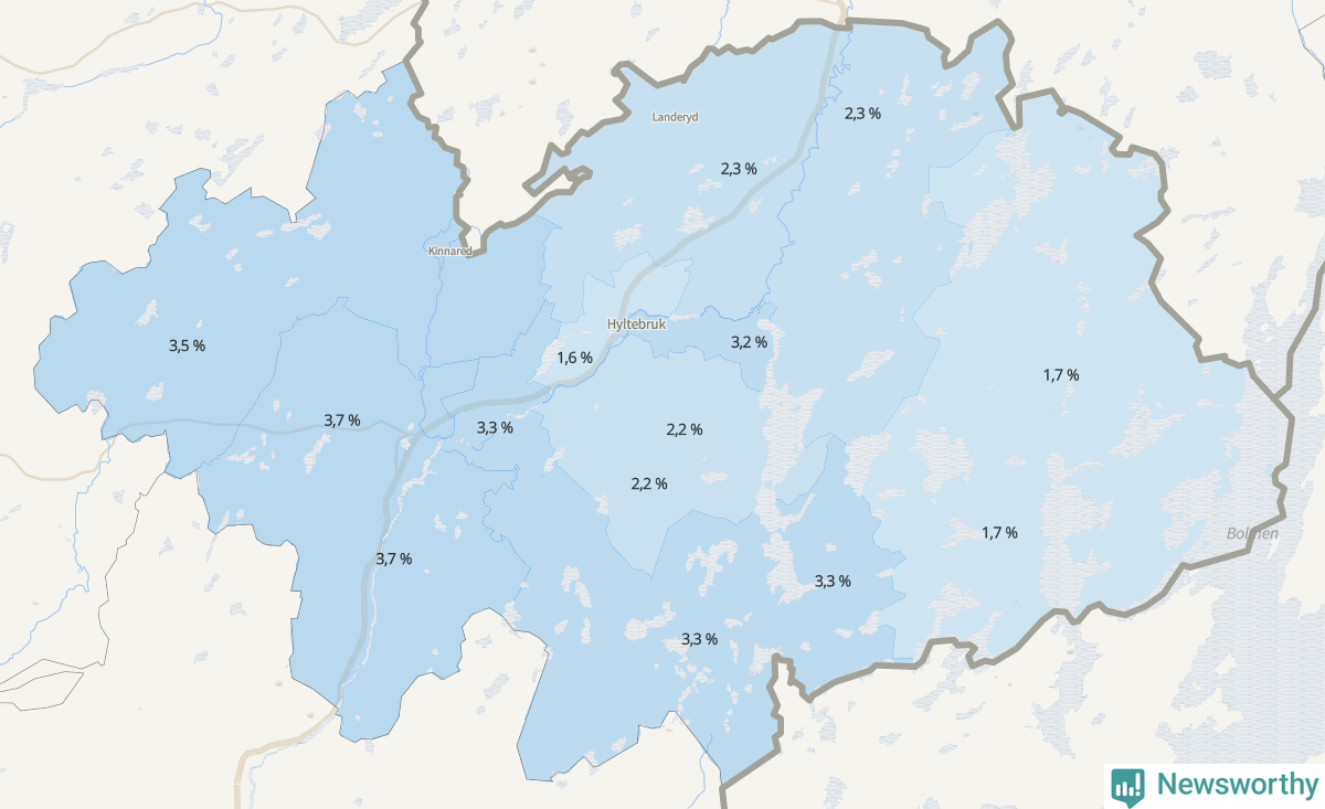 Koroplet-karta över partiets stöd i kommunens valdistrikt. Se tabell.