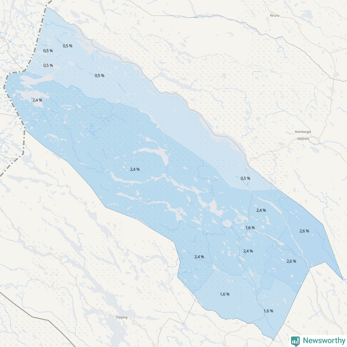 Koroplet-karta över partiets stöd i kommunens valdistrikt. Se tabell.