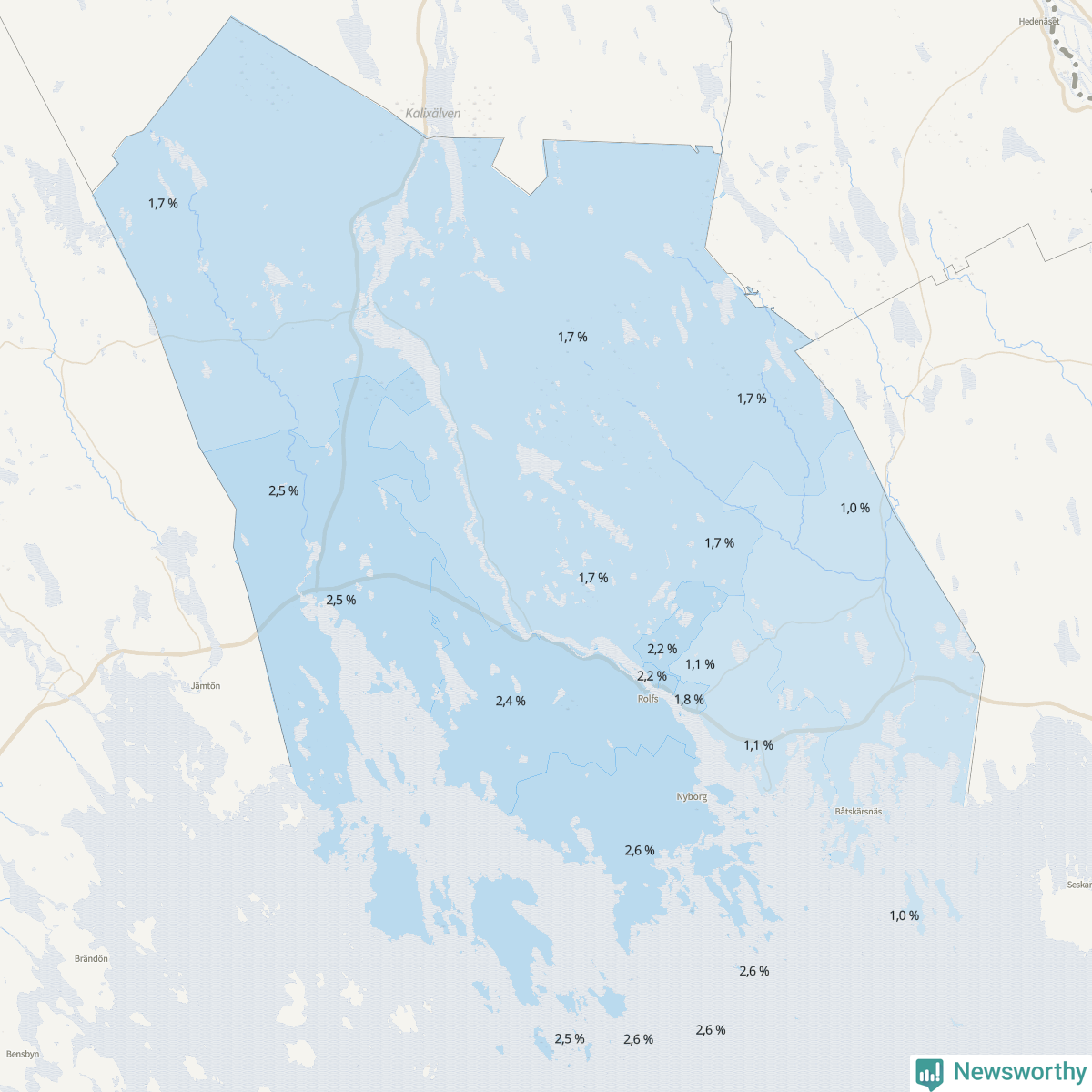 Koroplet-karta över partiets stöd i kommunens valdistrikt. Se tabell.