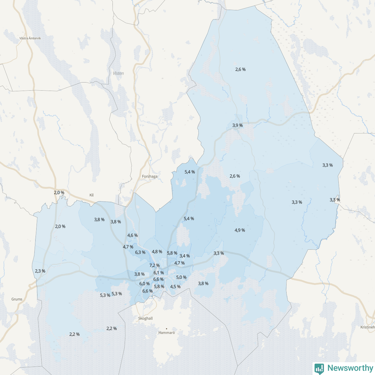 Koroplet-karta över partiets stöd i kommunens valdistrikt. Se tabell.