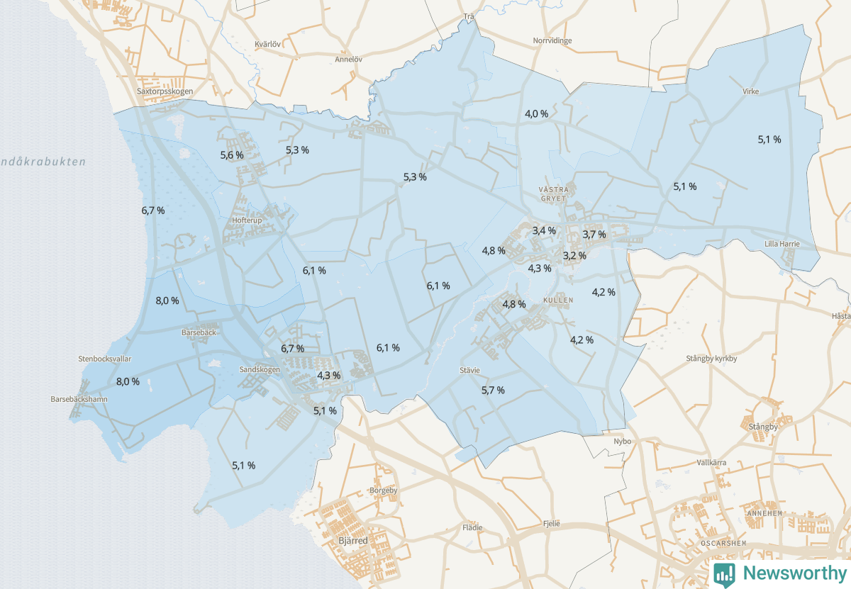 Koroplet-karta över partiets stöd i kommunens valdistrikt. Se tabell.