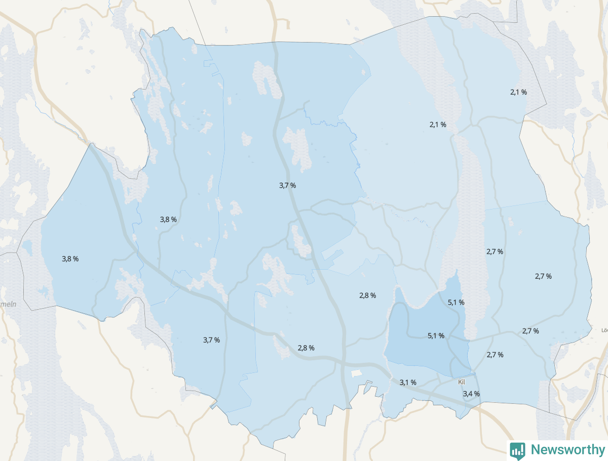 Koroplet-karta över partiets stöd i kommunens valdistrikt. Se tabell.