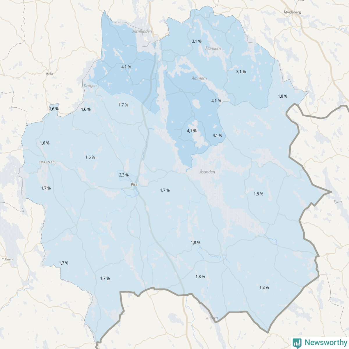 Koroplet-karta över partiets stöd i kommunens valdistrikt. Se tabell.