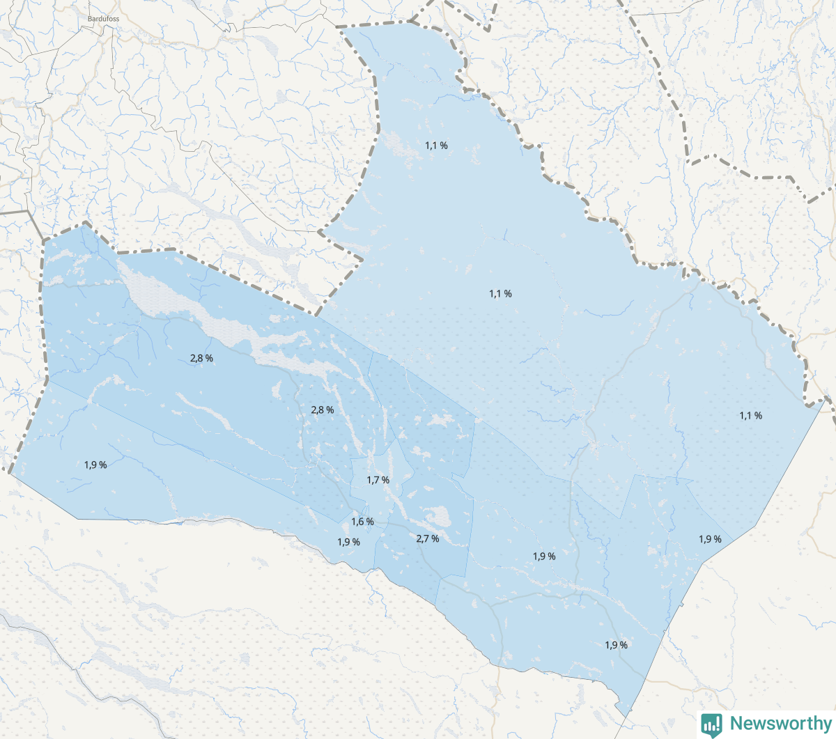Koroplet-karta över partiets stöd i kommunens valdistrikt. Se tabell.