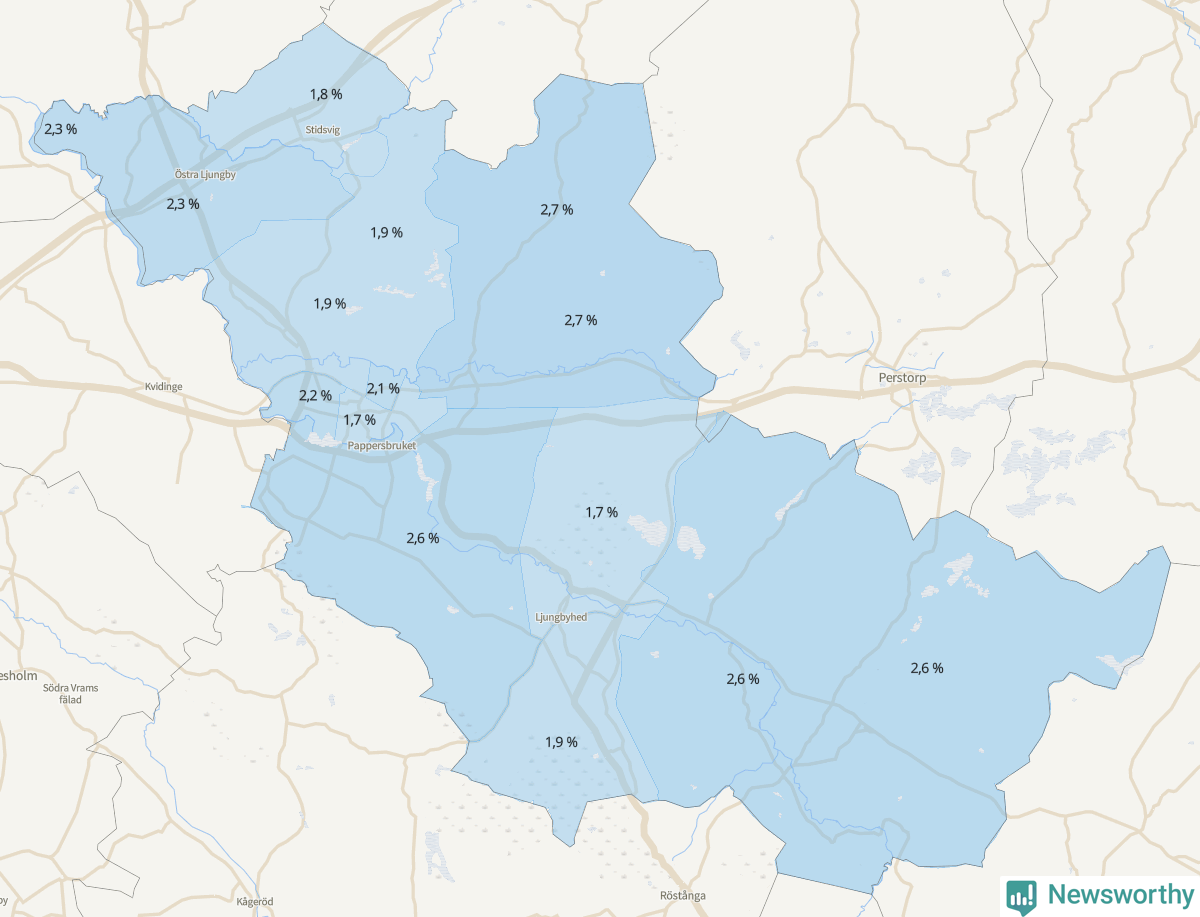 Koroplet-karta över partiets stöd i kommunens valdistrikt. Se tabell.