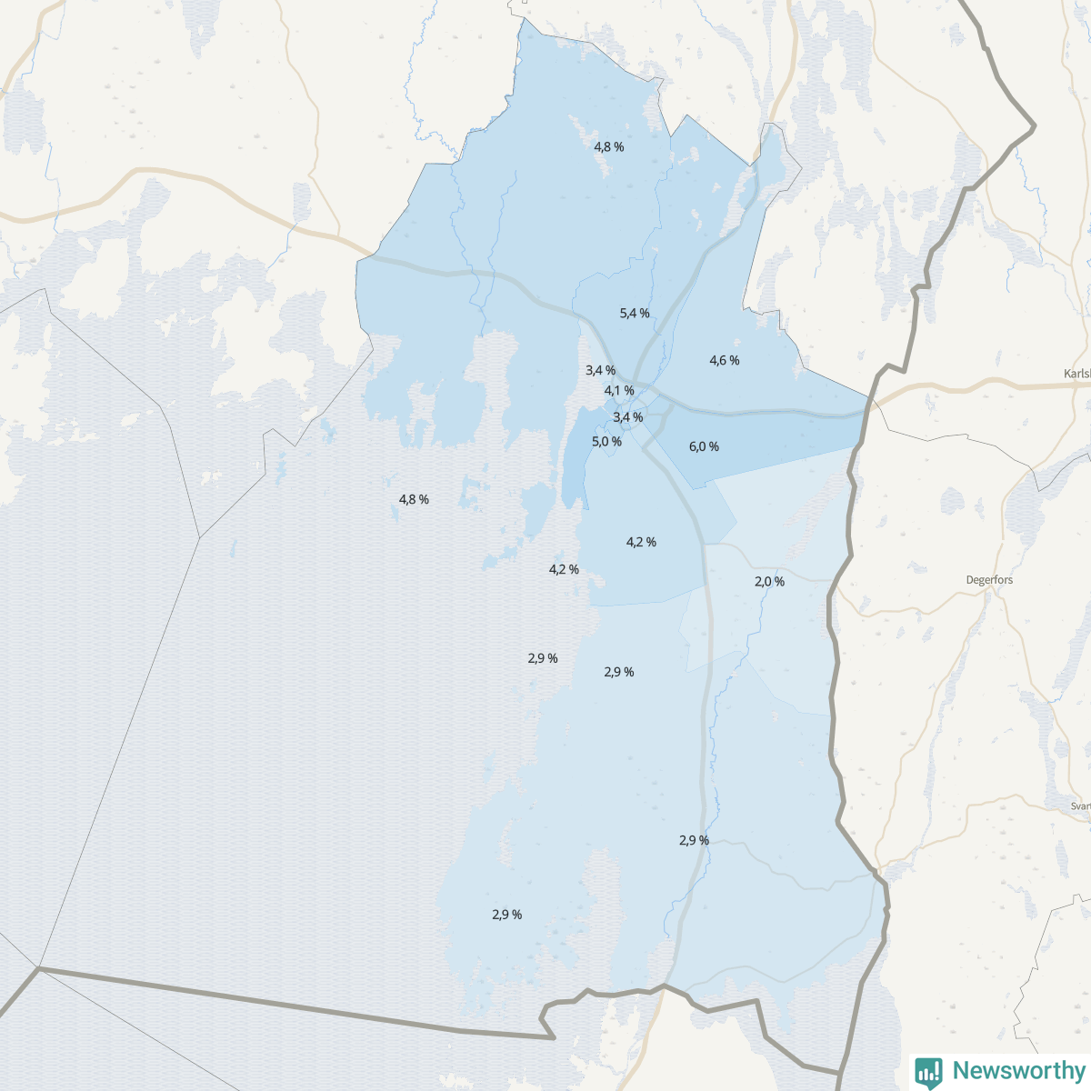 Koroplet-karta över partiets stöd i kommunens valdistrikt. Se tabell.