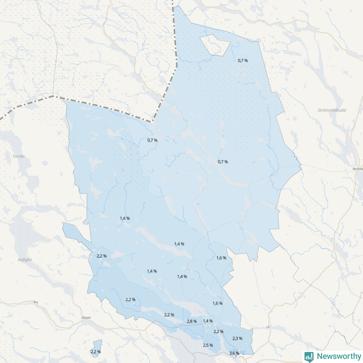Koroplet-karta över partiets stöd i kommunens valdistrikt. Se tabell.