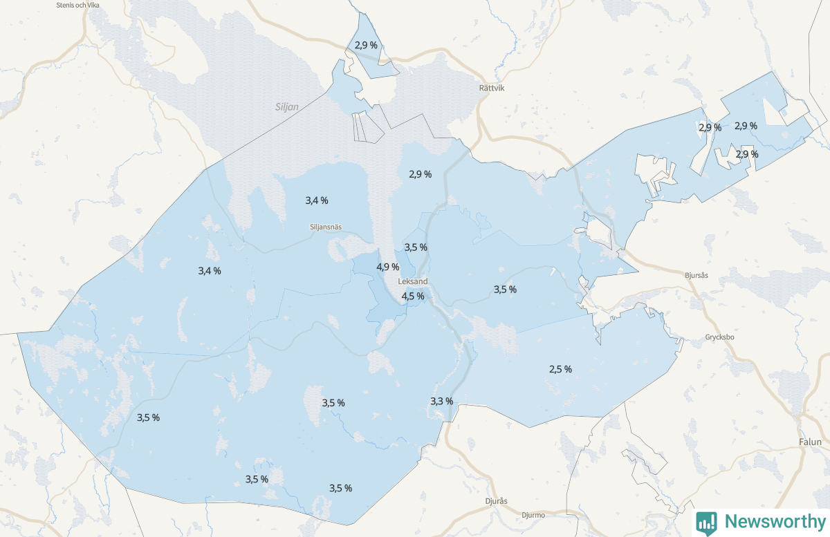 Koroplet-karta över partiets stöd i kommunens valdistrikt. Se tabell.