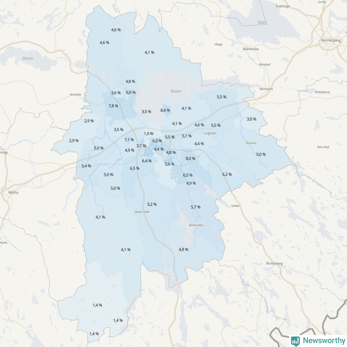 Koroplet-karta över partiets stöd i kommunens valdistrikt. Se tabell.