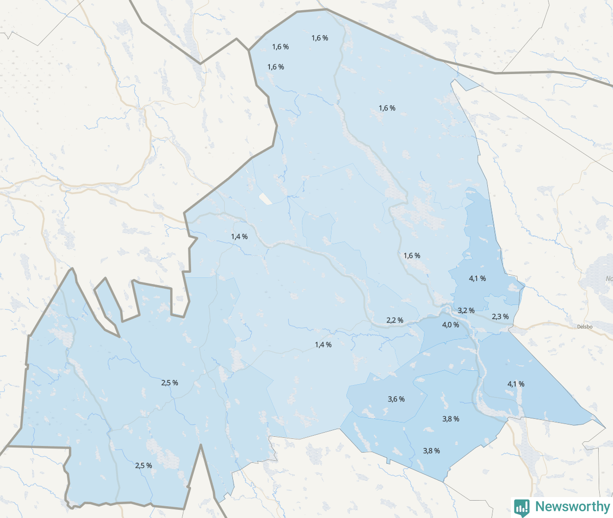 Koroplet-karta över partiets stöd i kommunens valdistrikt. Se tabell.