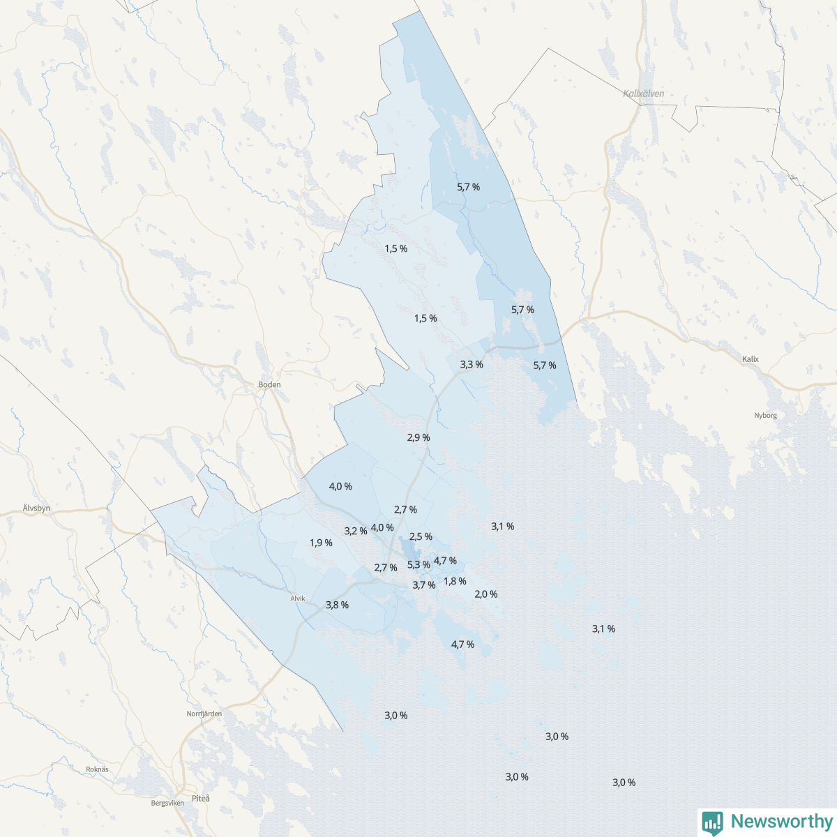 Koroplet-karta över partiets stöd i kommunens valdistrikt. Se tabell.
