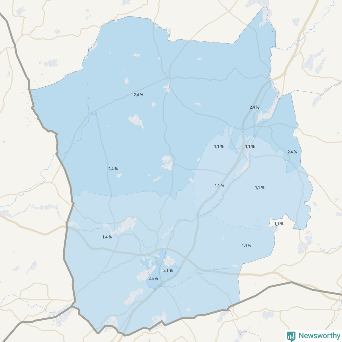 Koroplet-karta över partiets stöd i kommunens valdistrikt. Se tabell.