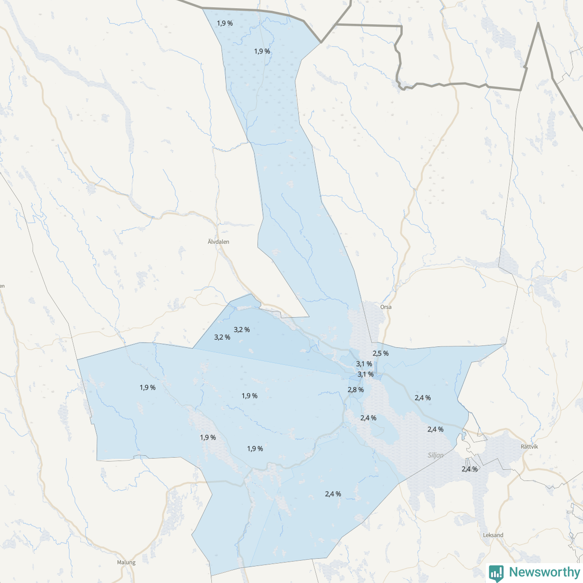 Koroplet-karta över partiets stöd i kommunens valdistrikt. Se tabell.
