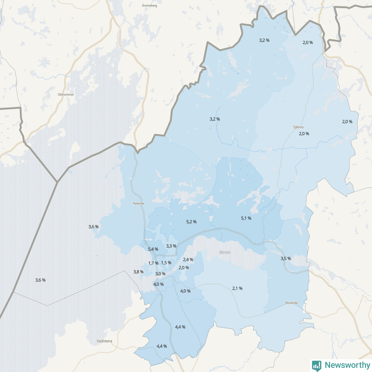 Koroplet-karta över partiets stöd i kommunens valdistrikt. Se tabell.