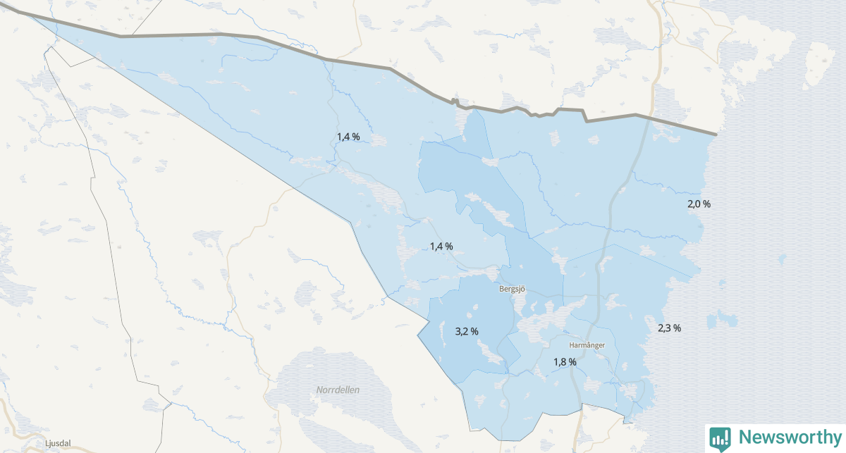 Koroplet-karta över partiets stöd i kommunens valdistrikt. Se tabell.