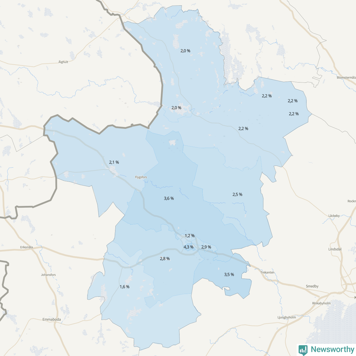 Koroplet-karta över partiets stöd i kommunens valdistrikt. Se tabell.