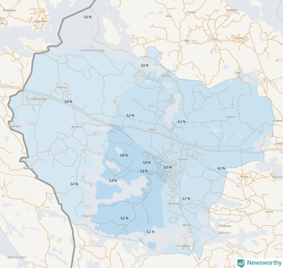 Koroplet-karta över partiets stöd i kommunens valdistrikt. Se tabell.