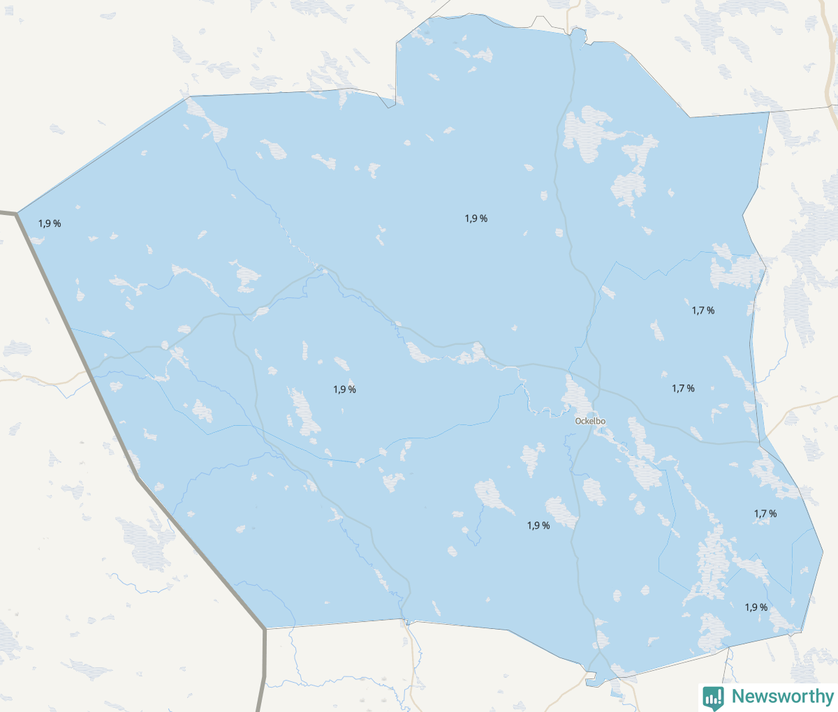 Koroplet-karta över partiets stöd i kommunens valdistrikt. Se tabell.
