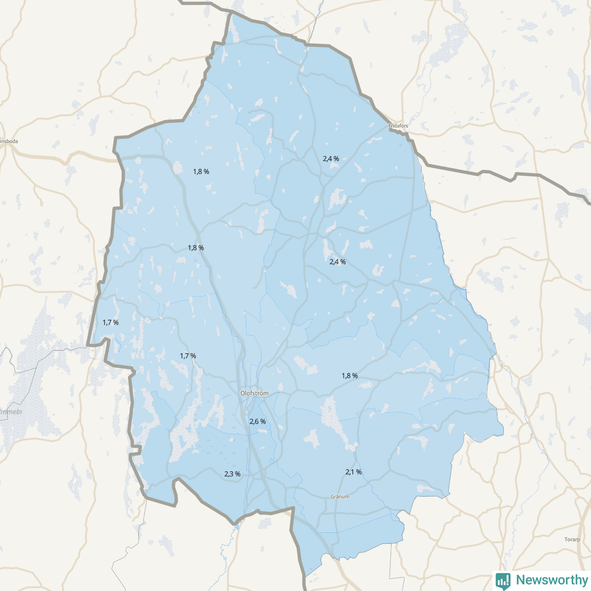 Koroplet-karta över partiets stöd i kommunens valdistrikt. Se tabell.