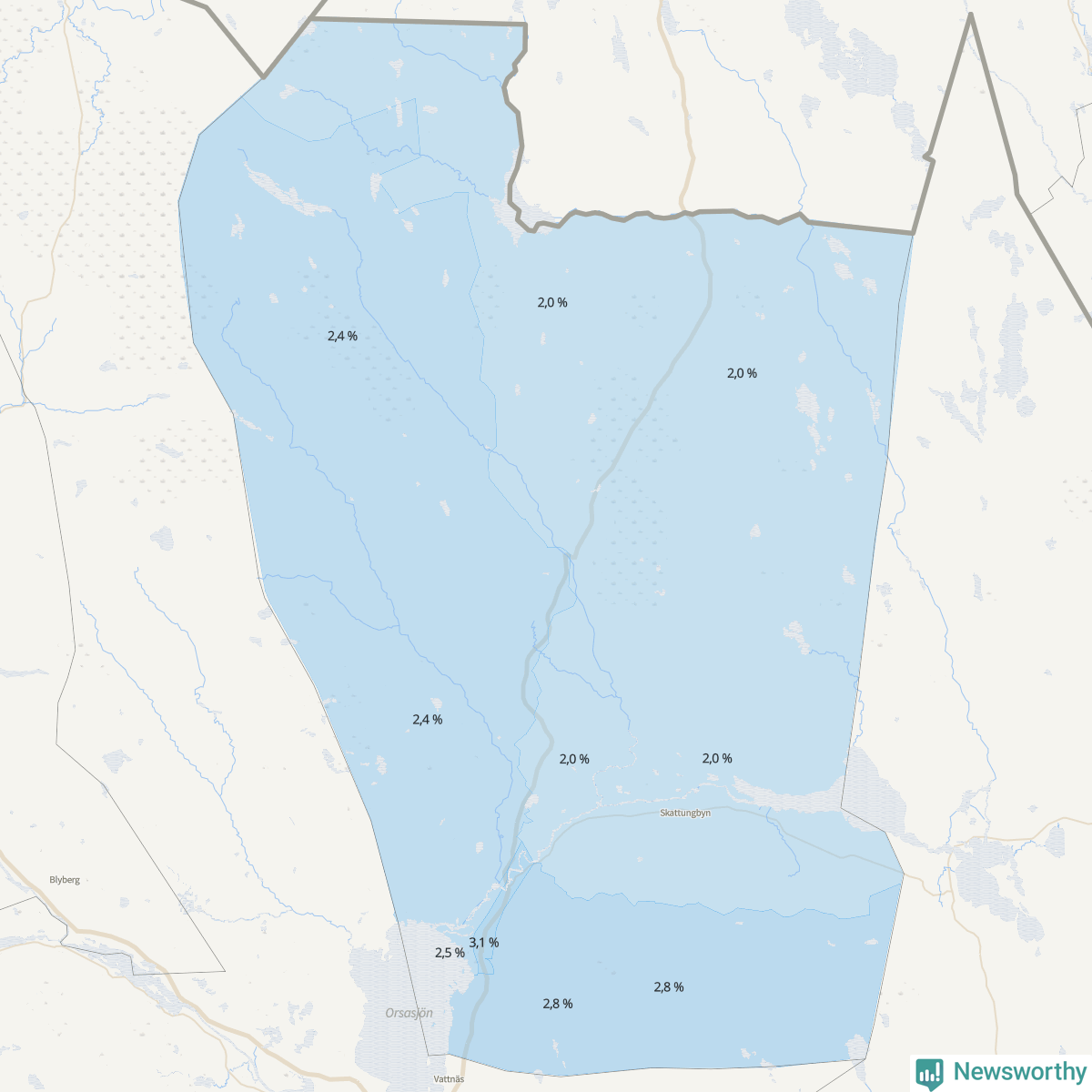 Koroplet-karta över partiets stöd i kommunens valdistrikt. Se tabell.