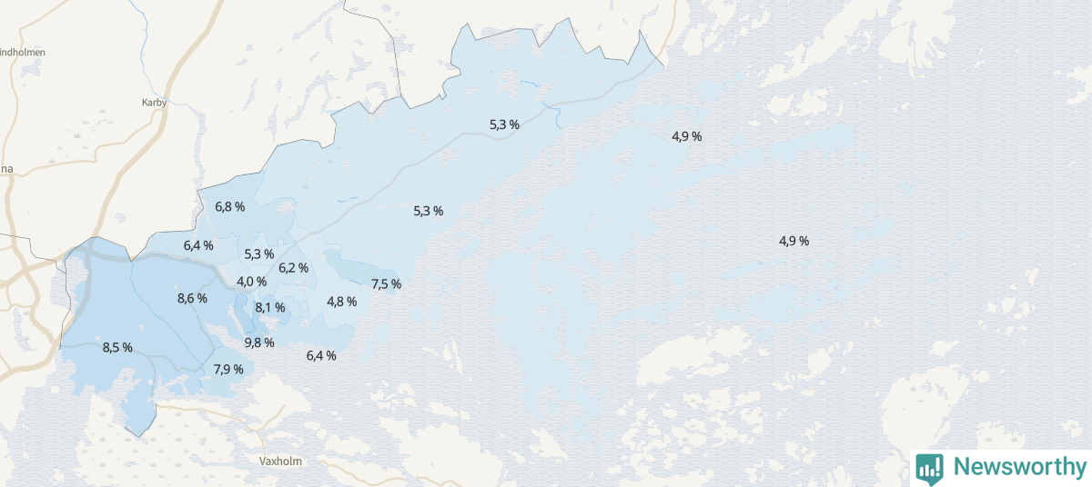 Koroplet-karta över partiets stöd i kommunens valdistrikt. Se tabell.