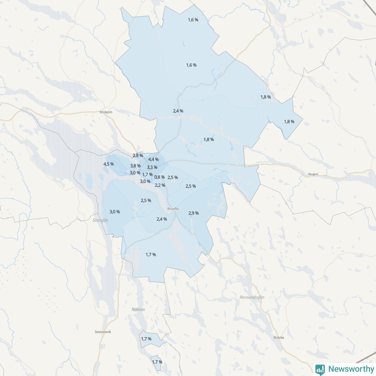Koroplet-karta över partiets stöd i kommunens valdistrikt. Se tabell.