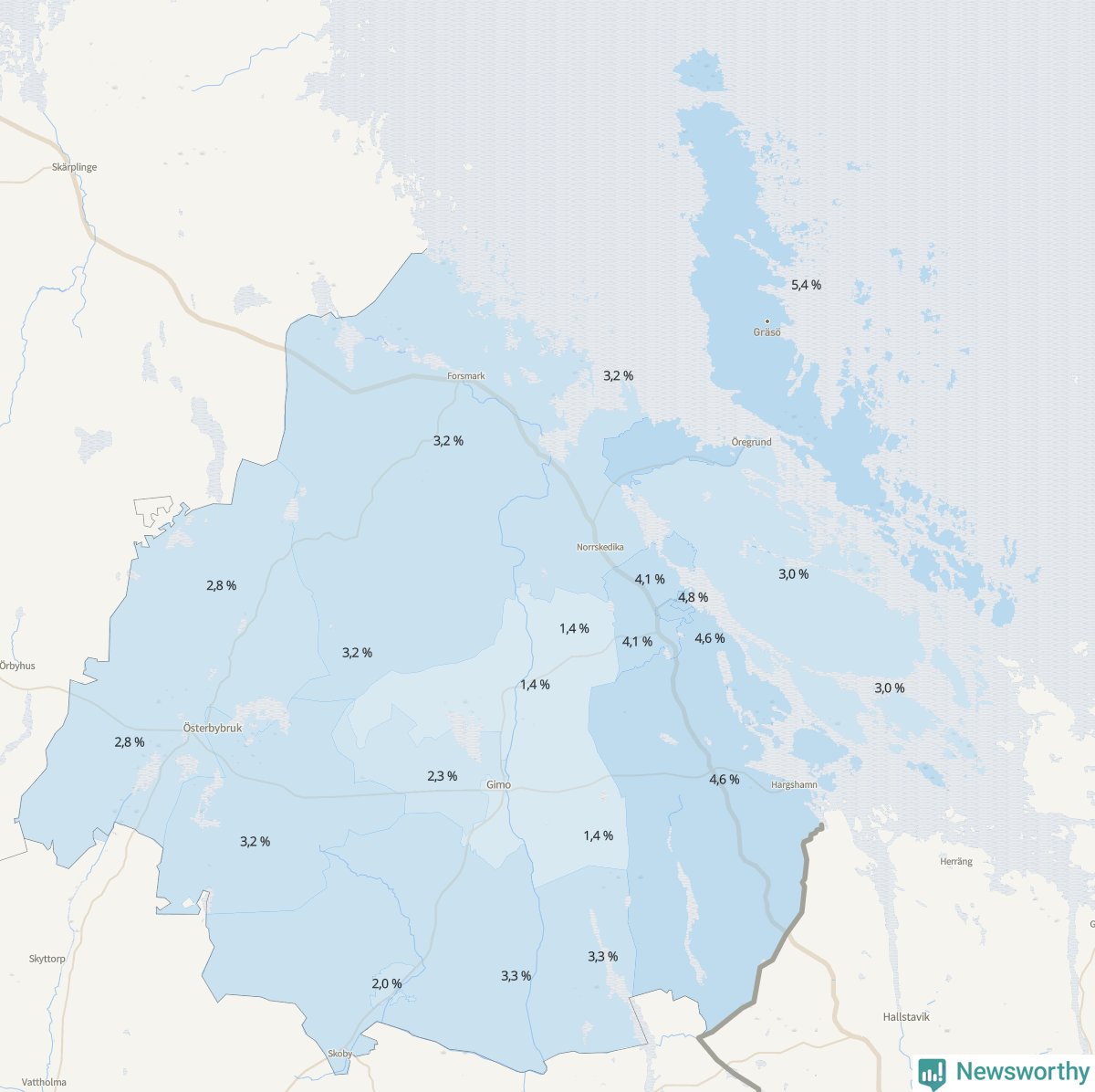 Koroplet-karta över partiets stöd i kommunens valdistrikt. Se tabell.