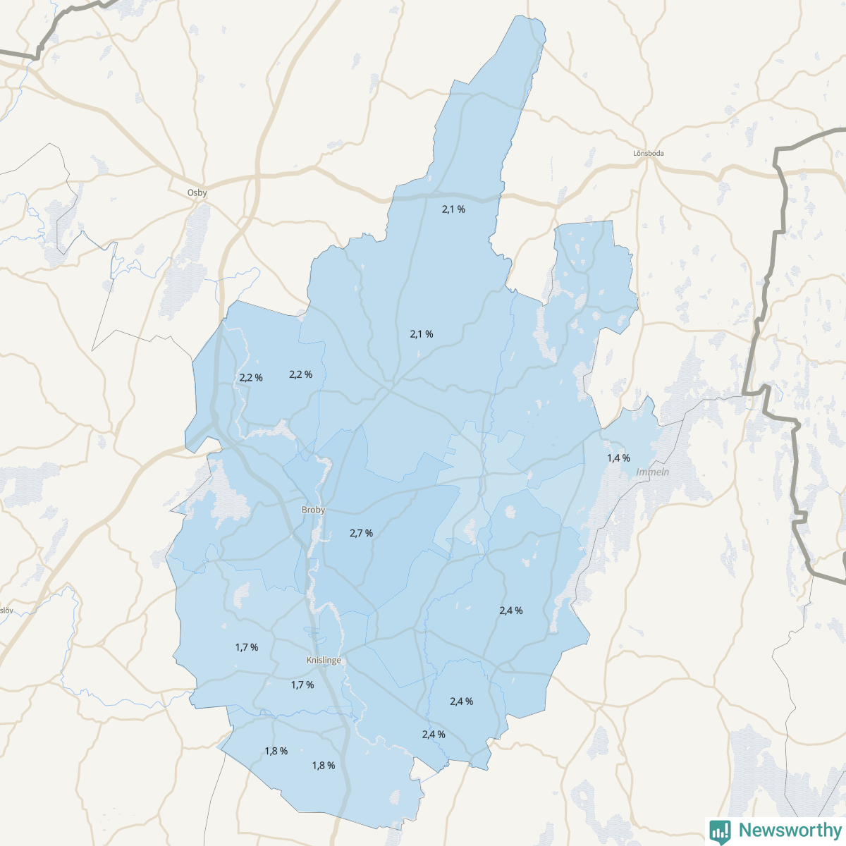 Koroplet-karta över partiets stöd i kommunens valdistrikt. Se tabell.