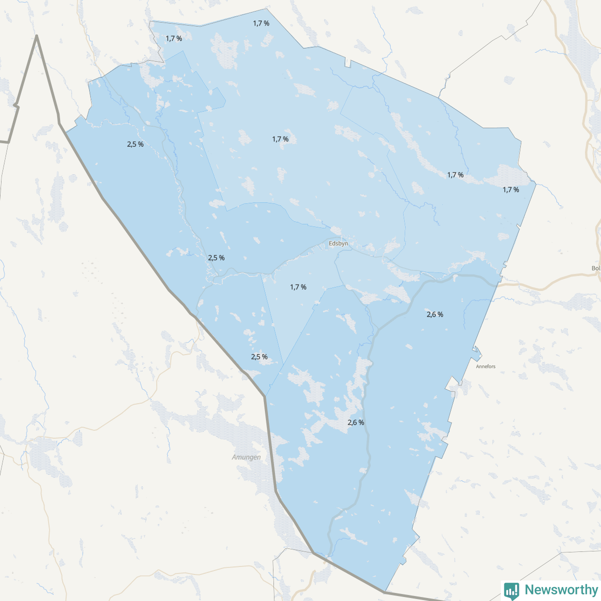 Koroplet-karta över partiets stöd i kommunens valdistrikt. Se tabell.