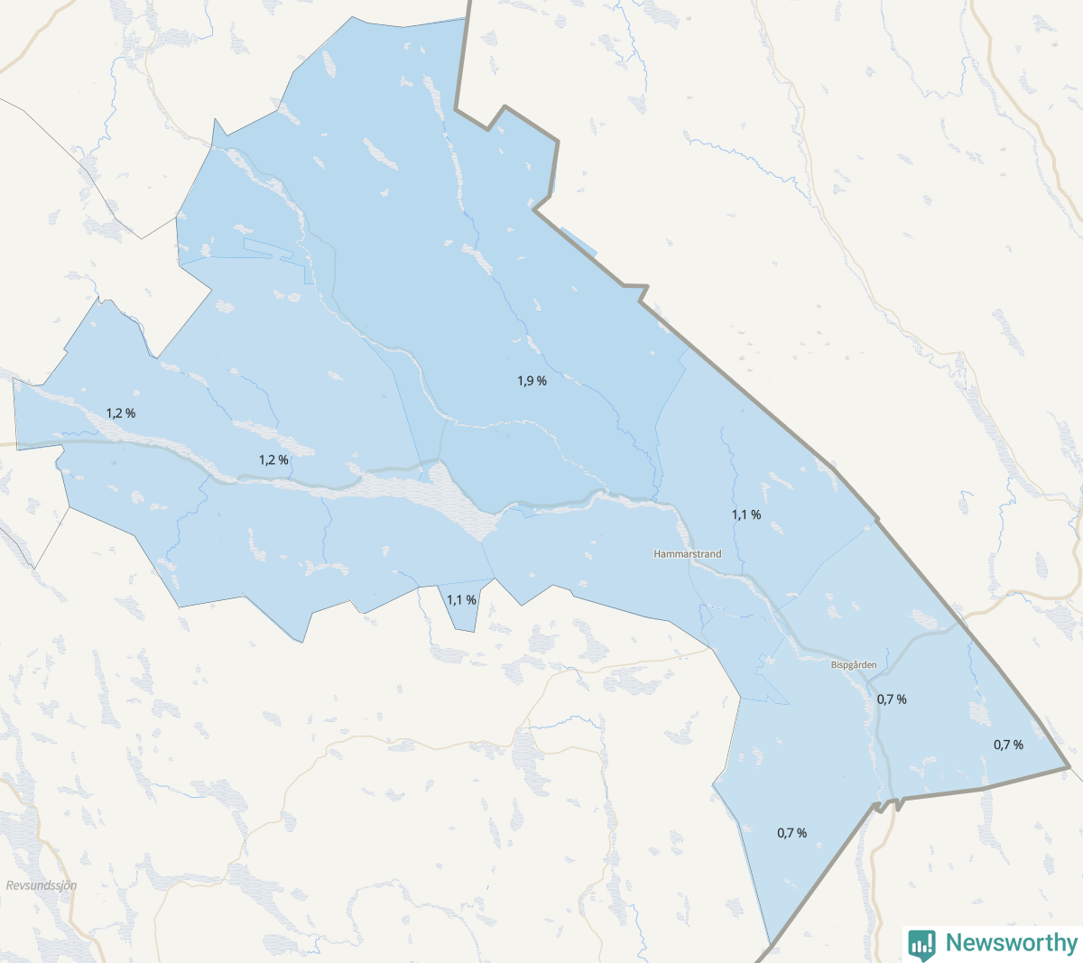 Koroplet-karta över partiets stöd i kommunens valdistrikt. Se tabell.